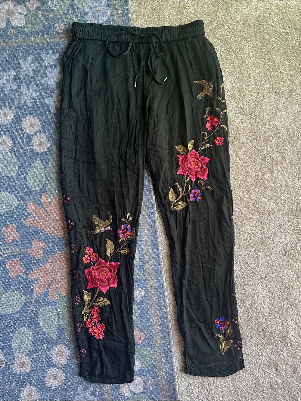 Free People Dark Green Joggers with Pink Floral Embroidery